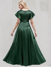 Green Satin A Line V Neck Floor Length Bridesmaid Dress With Ruffle