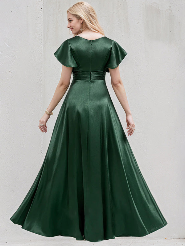 Green Satin A Line V Neck Floor Length Bridesmaid Dress With Ruffle
