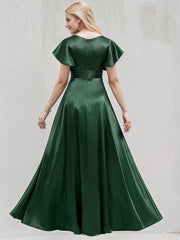Green Satin A Line V Neck Floor Length Bridesmaid Dress With Ruffle