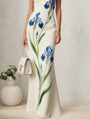 White Floral Classic V Neck Sleeveless A-Line Gown Dress