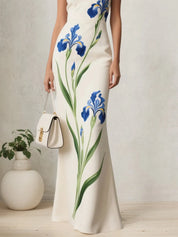 White Floral Classic V Neck Sleeveless A-Line Gown Dress
