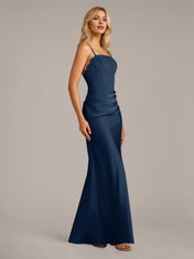 Navy Sheath/Column Satin Spaghetti Straps Sleeveless Floor Length Dresses