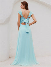 Sky Blue Chiffon A Line Square Neck Sleeveless Floor Length Bridesmaid Dress with Ruffle