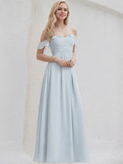 Ice Blue Chiffon A Line Off the Shoulder Sleeveless Floor Length Bridesmaid Dress With Ruffle