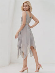 Silver Chiffon A Line V Neck Sleeveless Asymmetrical Bridesmaid Dress With Appliques