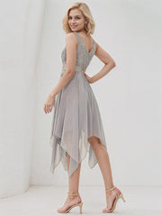 Silver Chiffon A Line V Neck Sleeveless Asymmetrical Bridesmaid Dress With Appliques
