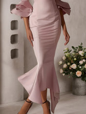 Pink Ruffled Bell Sleeves V Neck Mermaid Maxi Dress
