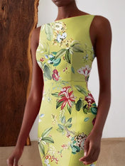 Green Floral Boat Neck Sleeveless Mermaid Midi Dress