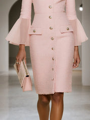 Light Pink Buckle Mesh Tweed Lapel Collar Long Sleeve Bell Sleeve Sheath Midi Dress