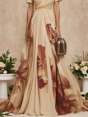 Beige Floral Chiffon V Neck Short Sleeve A-Line Gown Dress