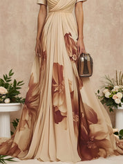 Beige Floral Chiffon V Neck Short Sleeve A-Line Gown Dress