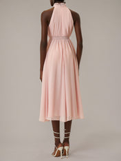 Pink A Line Chiffon Halter Neck Sleeveless Tea Length Dresses