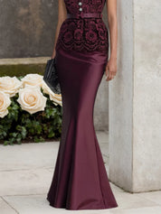Wine Red Buckle Lace Classic Mock Neck Short Sleeve Mermaid Maxi Dress