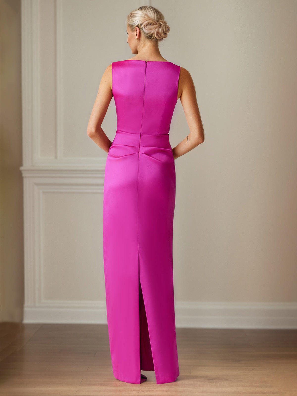 Raspberry Satin Sheath/Column V Neck Floor Length Mother of the Bride Dresses
