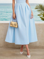 Light Blue Lace Ruched Classic Crew Neck Sleeveless A-Line Midi Dress