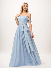 Dusty Blue A Line Tulle Off The Shoulder Sleeveless Floor-Length Bridesmaid Dresses