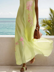 Yellow Embroidery Classic Crew Neck Sleeveless A-Line Maxi Dress