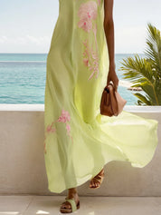 Yellow Embroidery Classic Crew Neck Sleeveless A-Line Maxi Dress