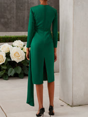 Green Satin Long Sleeve Sheath Midi Dress