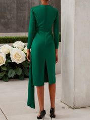 Green Satin Long Sleeve Sheath Midi Dress
