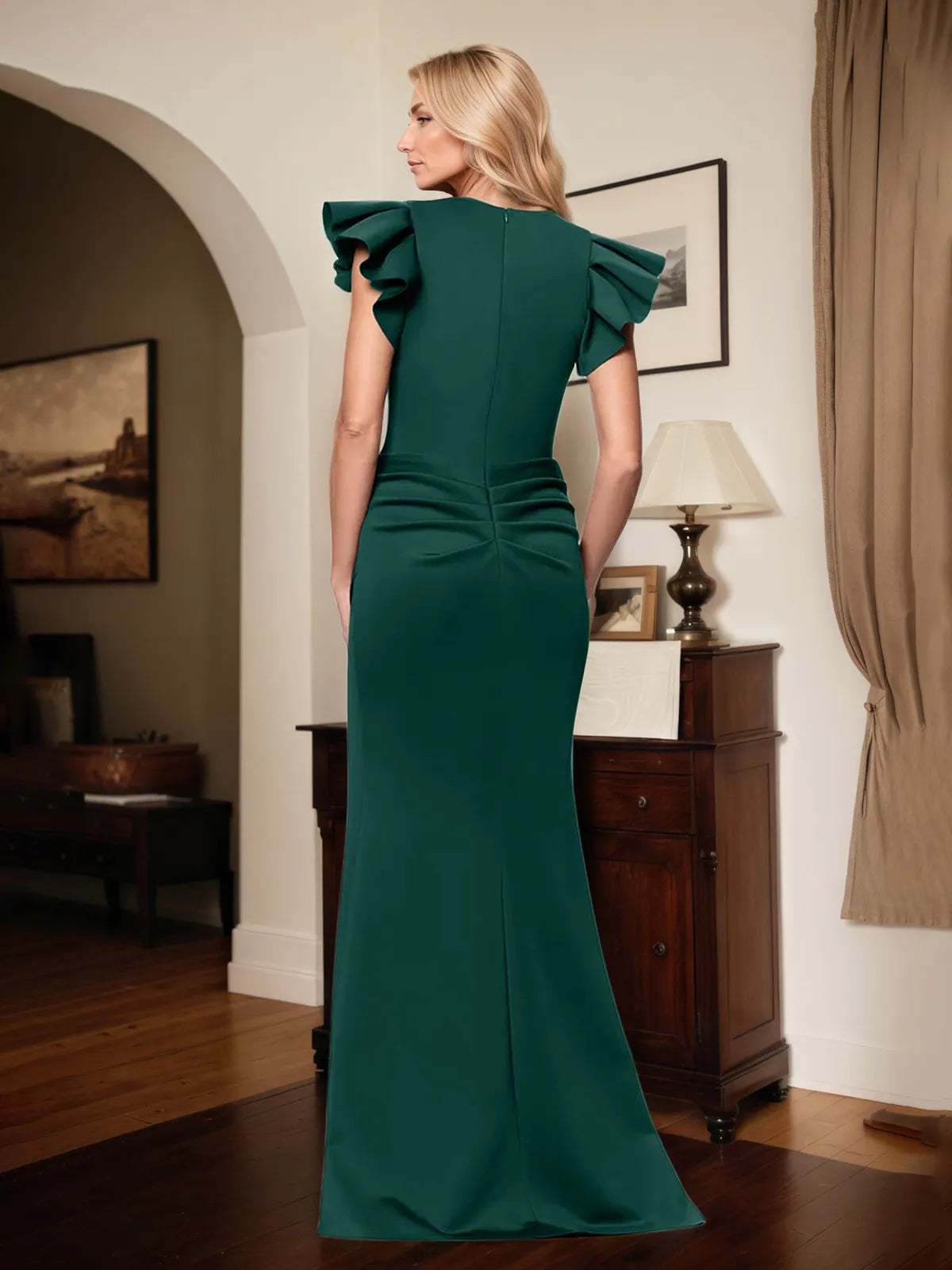 Trumpet/Mermaid V Neck Short Sleeve Floor Length Stretch Crepe Mother of the Bride Dress With Ruffles