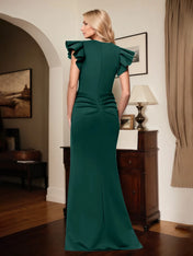 Trumpet/Mermaid V Neck Short Sleeve Floor Length Stretch Crepe Mother of the Bride Dress With Ruffles