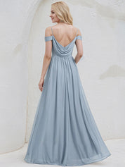 Dusty Blue Chiffon A Line Spaghetti Straps Sleeveless Floor Length Bridesmaid Dress