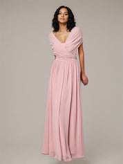 Petal A Line Chiffon V Neck Short Sleeves Floor-Length Bridesmaid Dresses