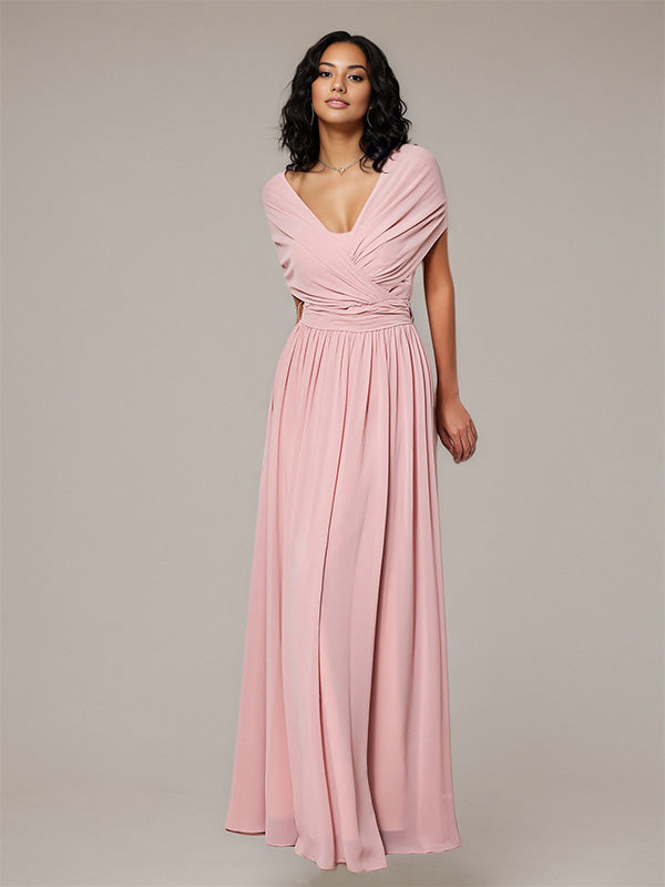 Petal A Line Chiffon V Neck Short Sleeves Floor-Length Bridesmaid Dresses