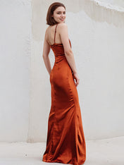 Rust Sheath/Column Satin Spaghetti Straps Sleeveless Floor Length Dress
