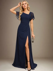 Sheath/Column Asymmetrical Floor-Length Chiffon Dress With Pleated