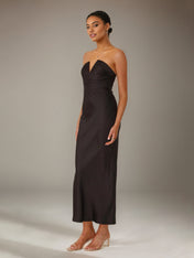 Black Satin Sheath/Column V Neck Ankle Length Bridesmaid Dresses
