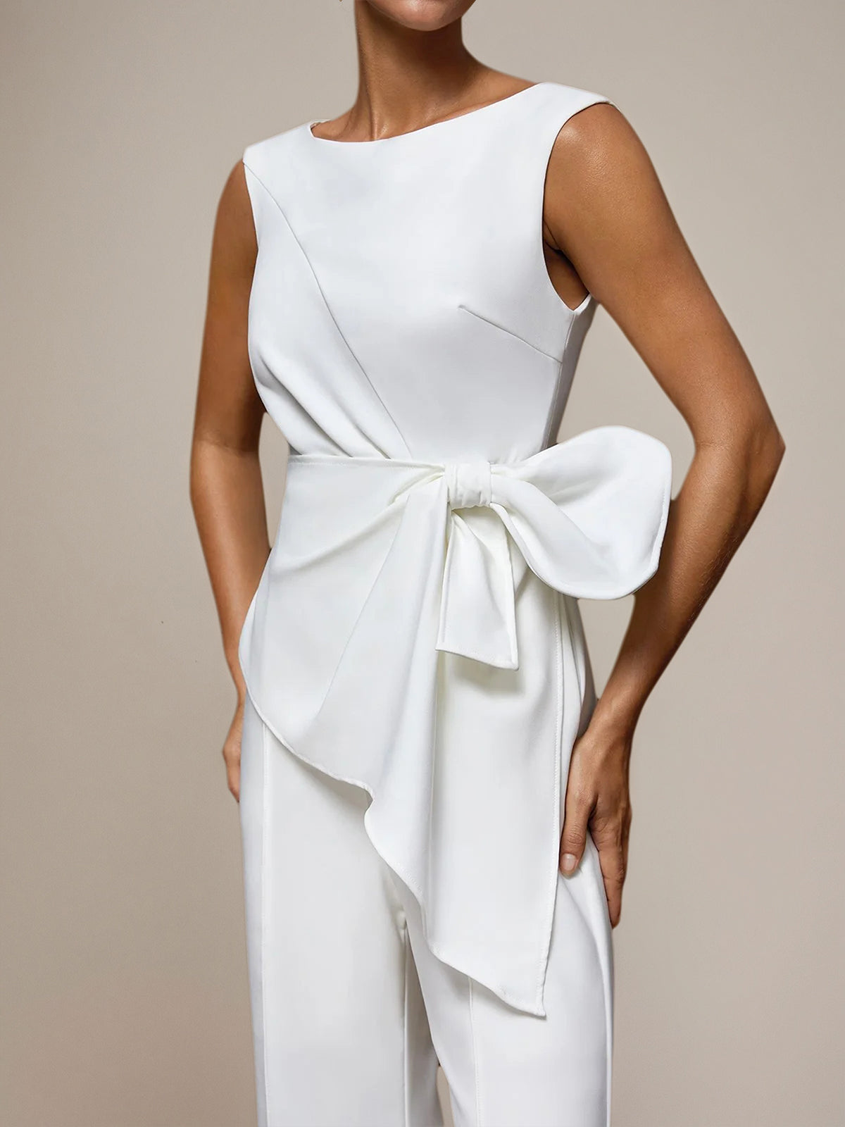 White Stretch Crepe Round Neck Sleeveless Floor Length Pantsuits