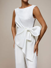 White Stretch Crepe Round Neck Sleeveless Floor Length Pantsuits