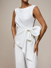White Stretch Crepe Round Neck Sleeveless Floor Length Pantsuits