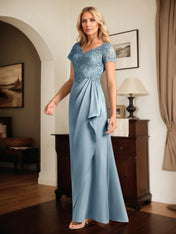 A Line Satin V Neck Short Sleeve Floor Length Dress With Appliques