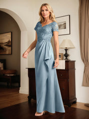 A Line Satin V Neck Short Sleeve Floor Length Dress With Appliques