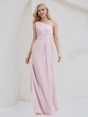 Pink Chiffon A Line One Shoulder Sleeveless Floor Length Bridesmaid Dress