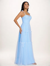 Sky Blue Tulle A Line Spaghetti Straps Floor Length Sleeveless Bridesmaid Dress With Bow