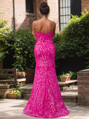 Elegant Fuchsia Strapless Sequin Gown with High Slit