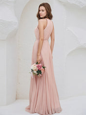 Blush Pink Chiffon A Line Halter Neck Sleeveless Floor Length Bridesmaid Dress