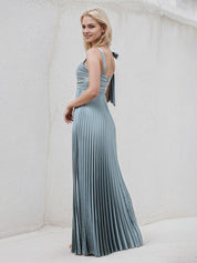 A Line Dusty Blue Satin Square Neck Sleeveless Floor Length Dress With Bow