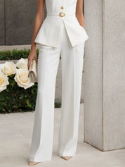 Women White Buckle Crew Neck Sleeveless Top With Pants Two-Piece Set