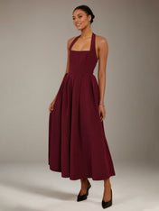 Wine Stretch Crepe A Line Halter Neck Sleeveless Ankle Length Bridesmaid Dresses