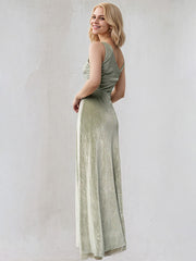 Sage Sheath/Column Velvet One Shoulder Sleeveless Floor Length Dress With High Slit