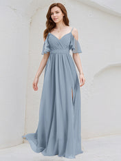Dusty Blue Chiffon A Line Spaghetti Straps Ruffle Sleeves Floor Length Bridesmaid Dress