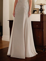 Elegant Taupe Off The Shoulder Sheath Mother of the Bride Dress with Lace