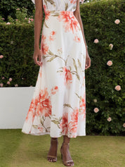 Orange Red Chiffon V Neck Short Sleeve Bell Sleeve A-Line Midi Dress