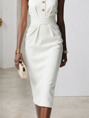 White Buckle Ruched Classic Halter Sleeveless Sheath Midi Dress