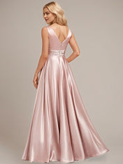Dusty Rose A-Line V-Neck Floor-Length Satin Bridesmaid Dress